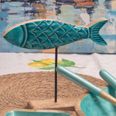 Figura de Pescado Mediano M164 en Madera Turquesa